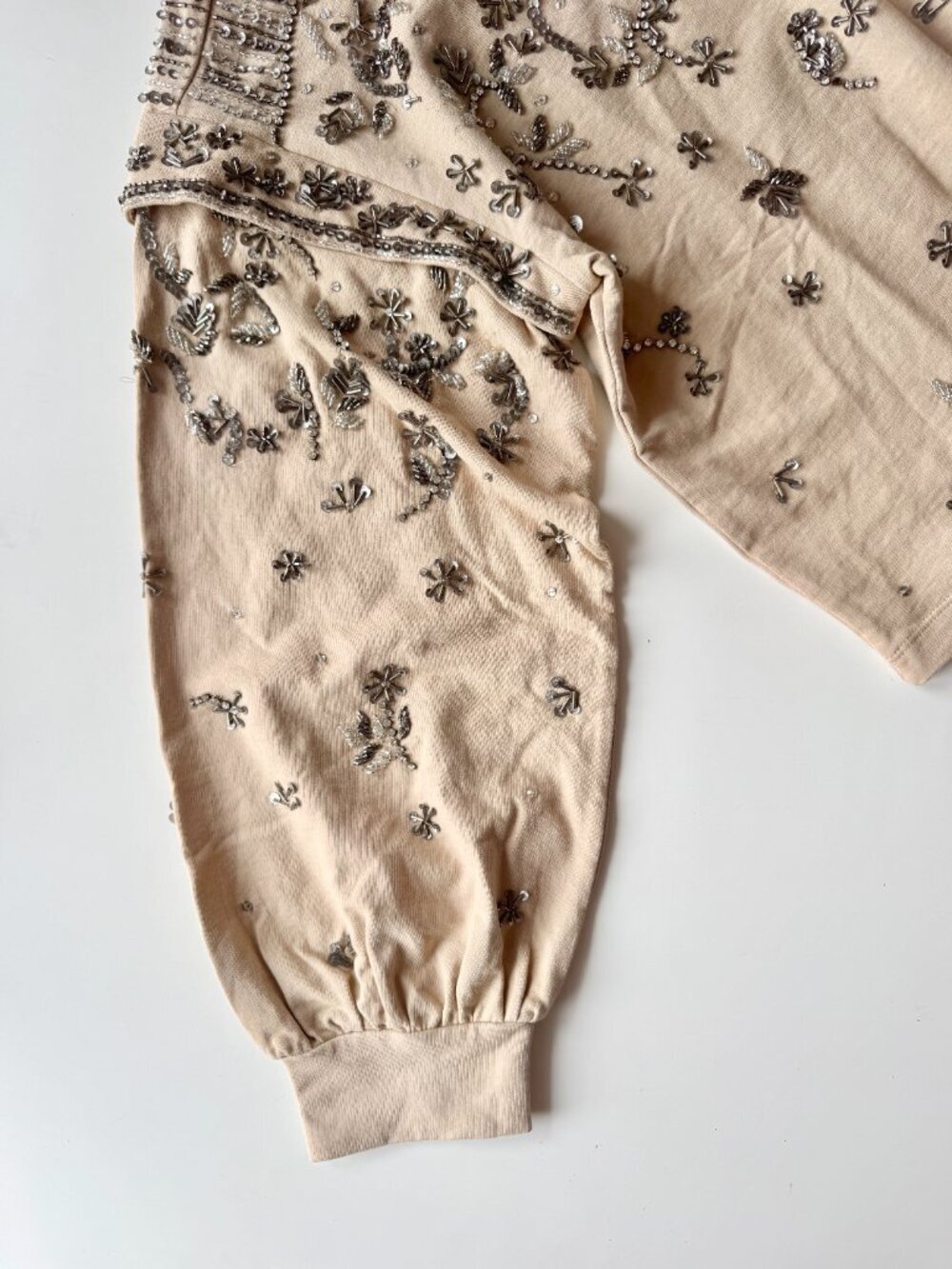 Anthropologie PILCRO Beige Beaded Sequin 100% Cotton Terry Sweatshirt, Size M - Picture 9 of 16